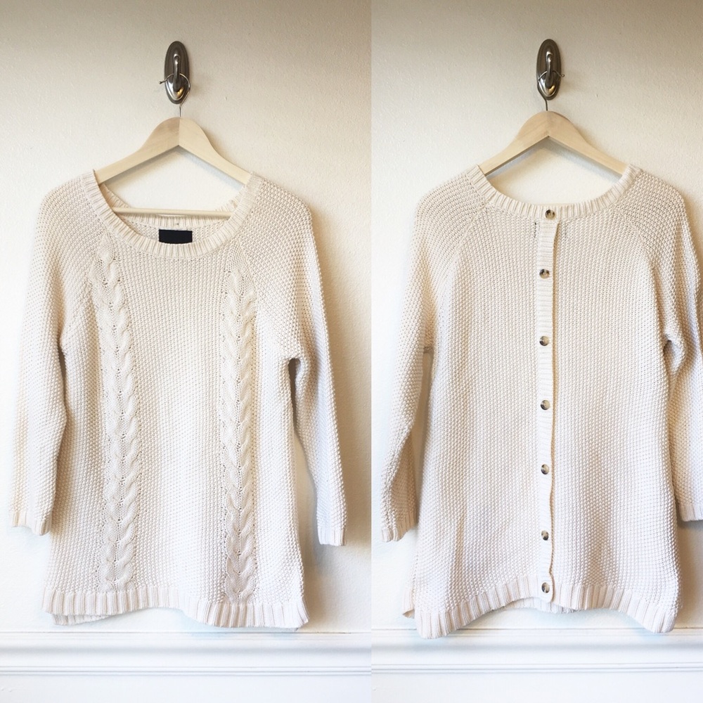 CYNTHIA ROWLEY | Cream Button Cable Knit Sweater M